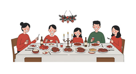 Joyful family gathering celebrating the holidays with a festive dinner table and happy people enjoying a meal together during a special occasion