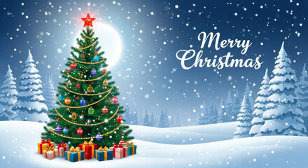 Festive decorated christmas tree with presents under a full moon on a snowy winter night