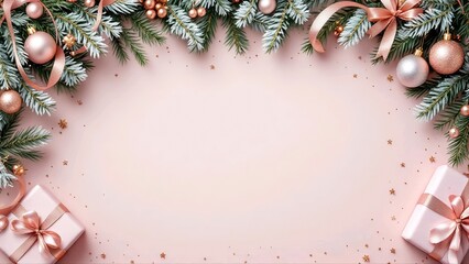 Pink festive Christmas frame with rose gold ornaments and blush paper texture background