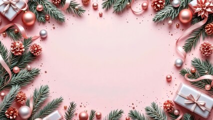 Pink festive Christmas frame with rose gold ornaments and blush paper texture background
