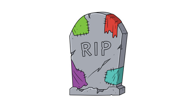 Spooky tombstone with colorful patches for Halloween projects and scary designs, RIP illustration, perfect for party invites