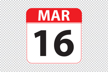 March 16 dates calendar icon.  simple and modern calendar icon on white background.