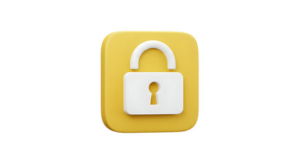 3D rendered white padlock icon on a yellow square background.