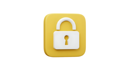 3D rendered white padlock icon on a yellow square background.