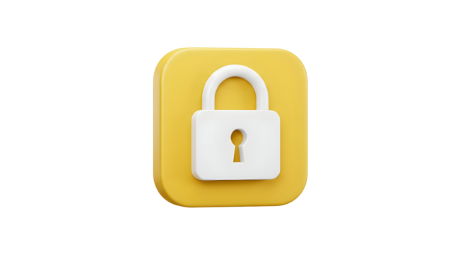 3D rendered white padlock icon on a yellow square background 1.