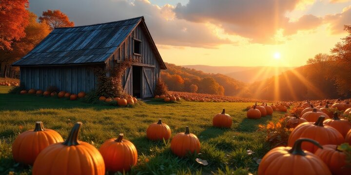 Rustic wooden barn nestled in an autumnal landscape, surrounded by a vibrant pumpkin patch bathed in the golden light of a setting sun.