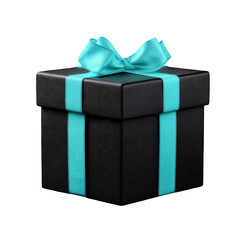 Square black box, tied with turquoise ribbon and bow