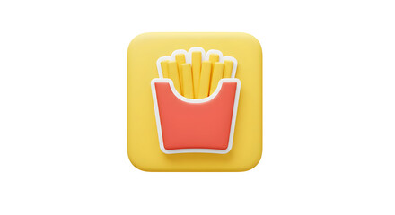 3D rendered icon of french fries in a red carton on a yellow square background.