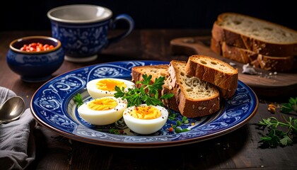 A classic breakfast scene featuring halved boiled eggs on a decorative plate, toasted bread, and a side of chili