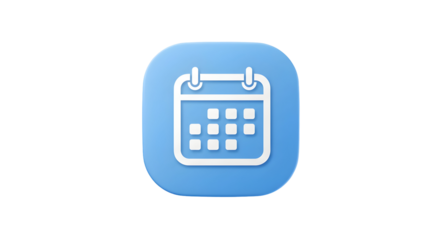 Blue calendar icon with white outline on a white background.