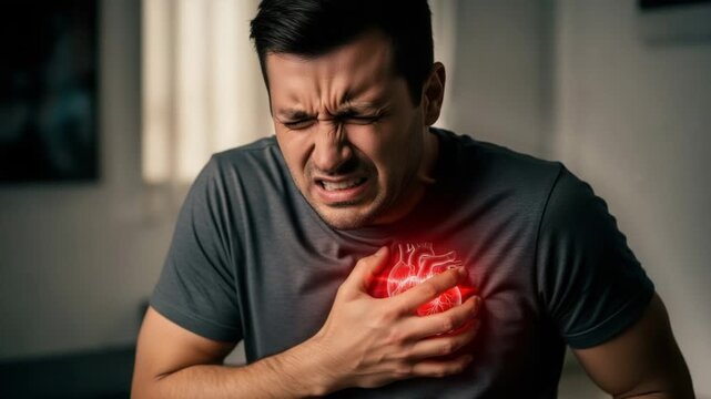 Man Suffering Severe Chest Pain Heart Attack.