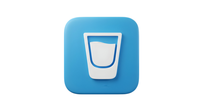 Blue Square Icon with White Glass Symbol for Water or Drink.