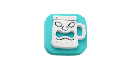 White and teal cartoon mug with a distressed face isolated on a white background 3D rendered.