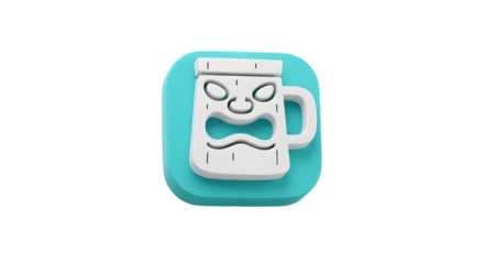 White and teal cartoon mug with a distressed face isolated on a white background 3D rendered.