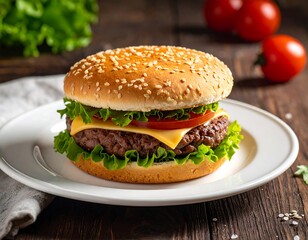 A classic burger on a white plate, showcasing a juicy patty, cheese, tomato, and lettuce between sesame seed buns. Background includes tomatoes and wood