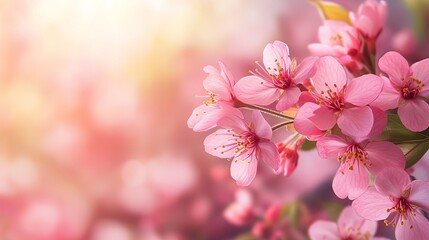 Close up view of blossoming pink cherry tree flowers in spring, delicate floral banner background