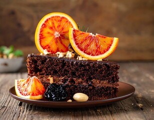 Chocolate cake slice adorned with vibrant blood orange and nuts, presented on a brown plate