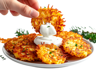 Hand dipping crispy potato pancakes into creamy dip on a white plate