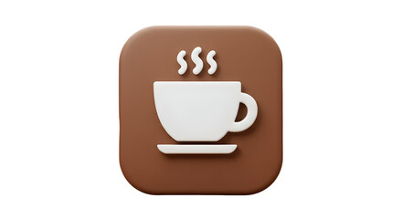 3D rendered coffee cup icon on a brown background.