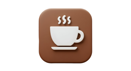 3D rendered coffee cup icon on a brown background.