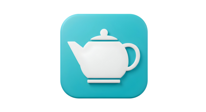 White Teapot Icon on a Vibrant Teal Square Background.