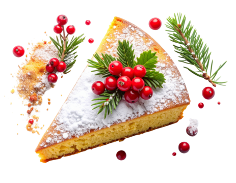 Festive slice of christmas cake with cranberries and pine sprigs