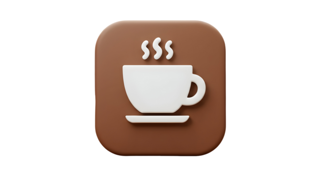 3D rendered coffee cup icon on a brown background.