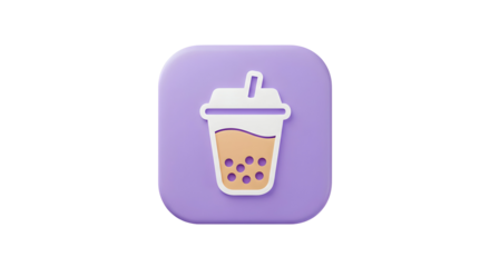 3D Bubble Tea Icon on a Purple Square.