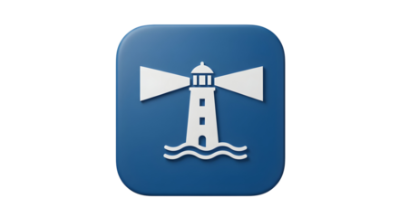 Lighthouse icon on a blue square background.