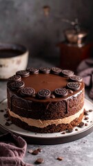 Chocolate cake with a chocolate frosting, cookie border, and cream filling, moody light