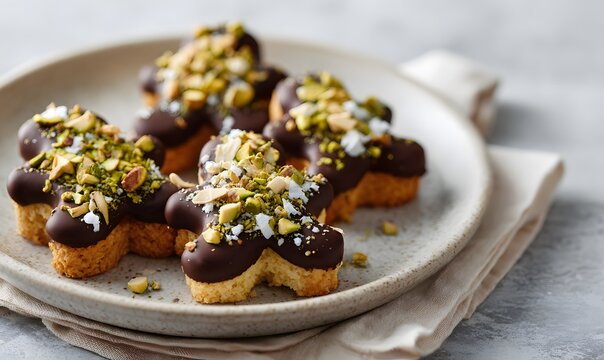 a ceramic plate with small gingerbread cakes in shape of gingerman. Decorated with chocolate, pistachios
