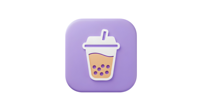 3D Bubble Tea Icon on a Purple Square.