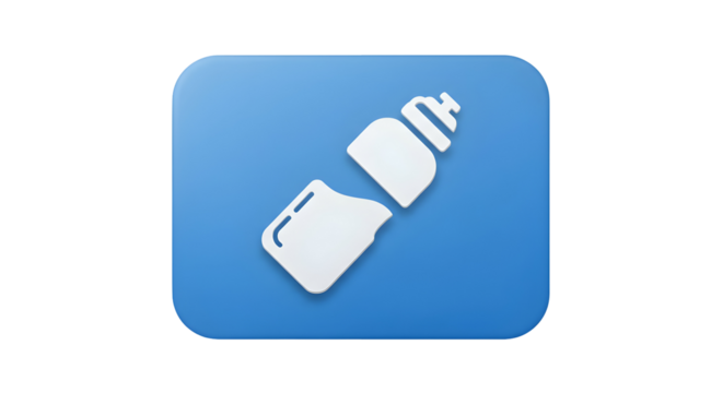 Minimalist icon of a baby bottle split into two parts on a rounded blue background.