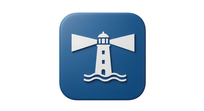 Lighthouse icon on a blue square background.