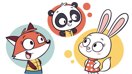 Adorable cartoon animal friends a fox, panda, and rabbit smiling together perfect for childrens books and educational materials