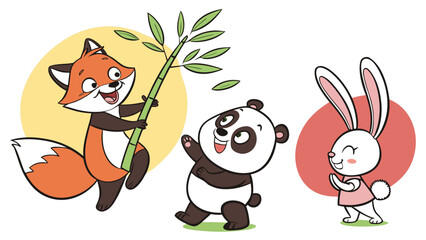 Fototapeta premium Cheerful fox, panda, and rabbit with bamboo, a cute cartoon illustration for childrens books and educational materials
