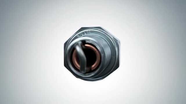 A detailed close-up of a metallic, threaded device with a white insulator, black cap, and a copper element. The device is placed against a gradient grey background