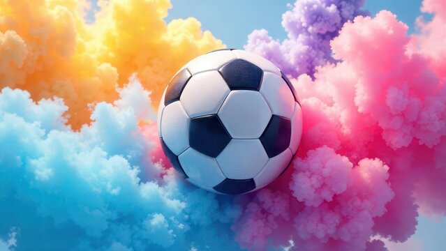 A soccer ball suspended amidst a vibrant explosion of colorful smoke, a playful image symbolizing energy, excitement, and the thrill of the game.