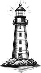 A classic lighthouse illustration with shining beacon, set on a rocky island, rendered in black and white. Detailed linework