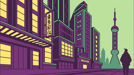 A captivating illustration of shanghais skyline, showcasing its iconic oriental pearl tower and modern architecture in a stylized, colorful design
