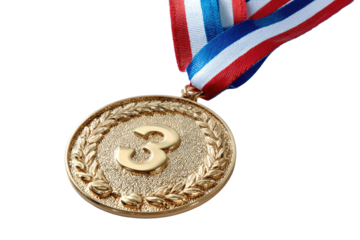 Gold medal, third place, with a red, white, and blue ribbon
