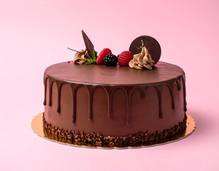 Chocolate cake with drips, topped with berries and a disk, on a pink background