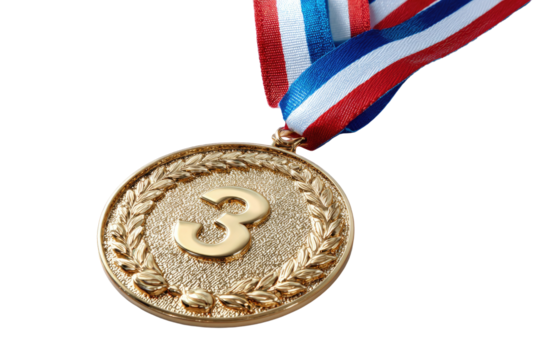 Gold medal, third place, with a red, white, and blue ribbon