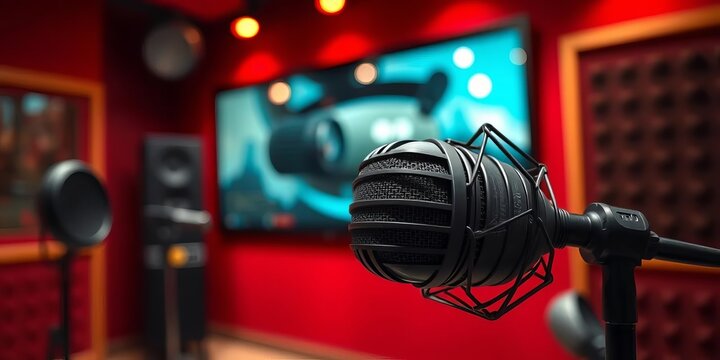 Close-up of a microphone in a soundproof studio, macro, microphone stand