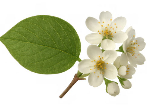 Jasmine sprig showing white blossoms, developing flower buds, and a single green leaf, creating a natural botanical composition