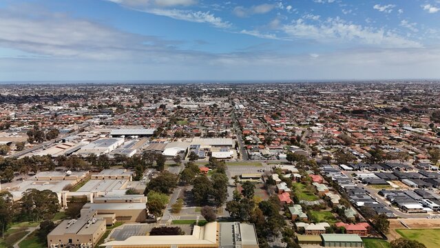 Croydon Park, Adelaide Region, South Australia &ndash; 4K Aerial Drone Footage Featuring Residential Houses, Estates, Parks, Industrial Factories along South Road Highway Near Regency Park