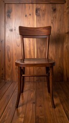 A classic wooden chair stands centered against a matching paneled wood background. The seat and backrest curve gracefully