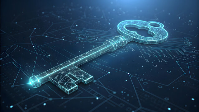 Glowing Digital Key on a Circuit Board Illustrating Cybersecurity