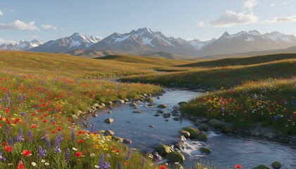A vibrant, sunny landscape with a winding stream through a field of colorful wildflowers, leading to snow-capped peaks