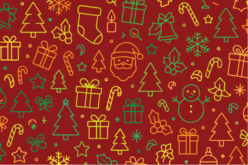 Colorful vector background pattern featuring Christmas themed icons in red, yellow, green, and orange, symbolizing holiday cheer, joy, and festive spirit.